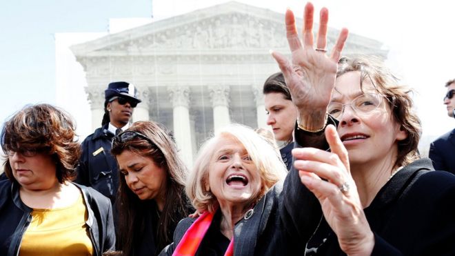 Plaintiff Edith Windsor greets the crowd outside after arguments in her case against the Defense of Marriage Act at the U.S. Supreme Court in Washington, DC, U.S. on March 27, 2013