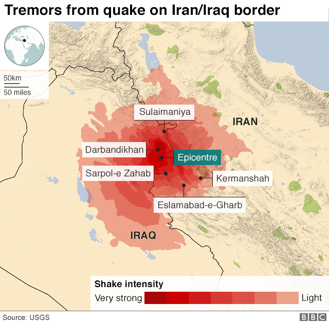Карта, показывающая землетрясение в ирано-иракском пограничном регионе