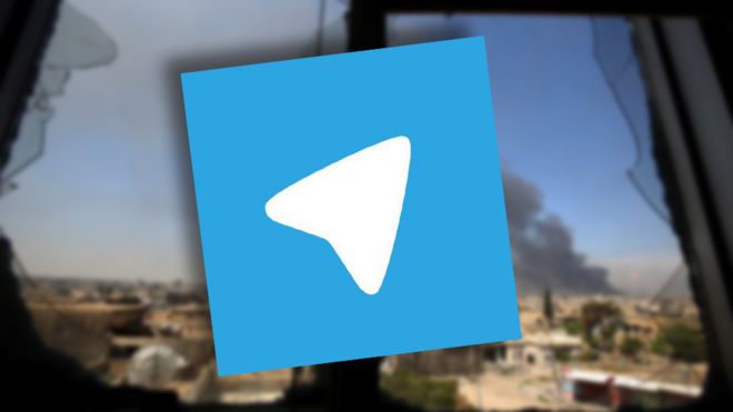 Composite images showing Telegram logo with a backdrop of fighting in Mosul