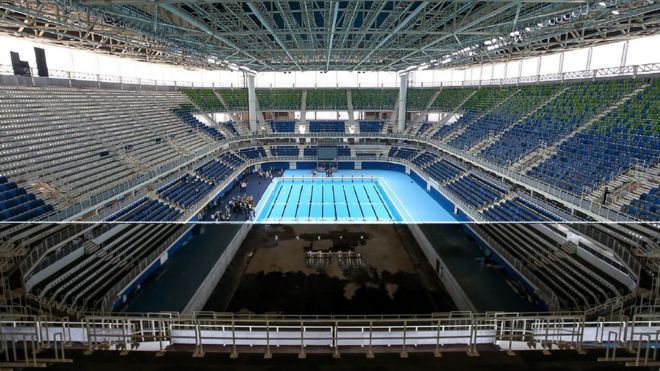 Составное изображение, показывающее стадион Rio Aquatics до и после Олимпиады