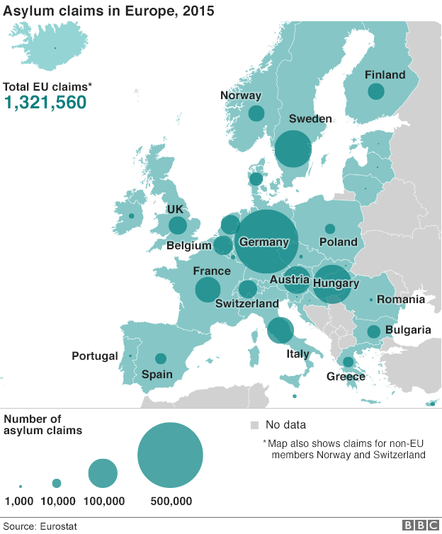 Карта заявлений о предоставлении убежища в Европе в 2015 году