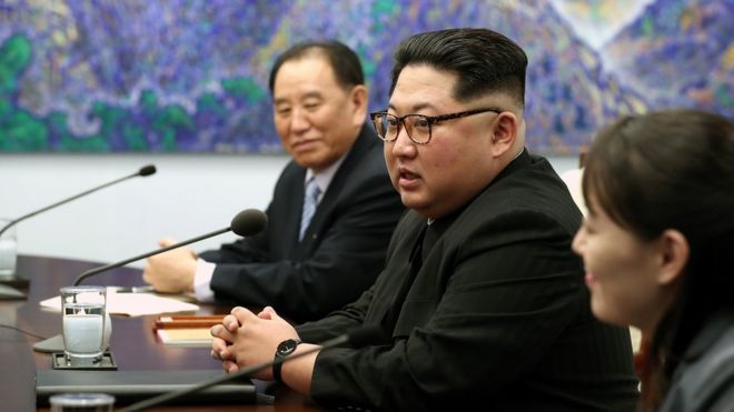 Ким Ён Чол сидит рядом с Ким Чен Ыном на межкорейском саммите в апреле 2018 года