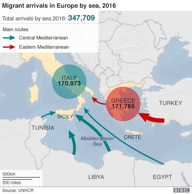 График, показывающий основные маршруты мигрантов в Италию и Грецию из Турции и стран Северной Африки