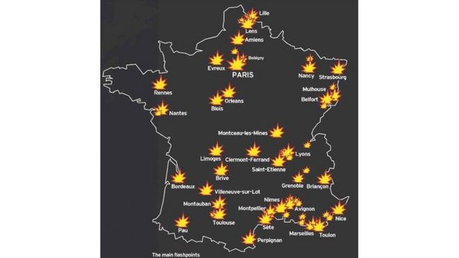 На карте ложно заявлено, что на ней изображены недавние беспорядки во Франции