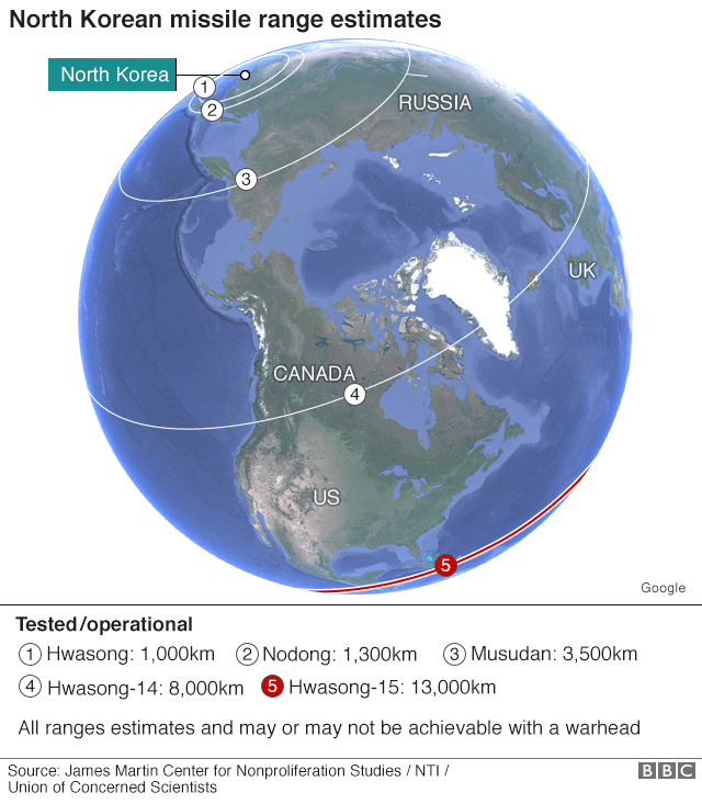 Карта: Расчетные дальности испытания северокорейских ракет