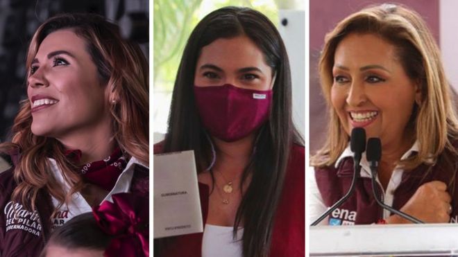 Las candidatas de Morena Marina del Pilar, Indira Vizcaíno y Lorena Cuéllar