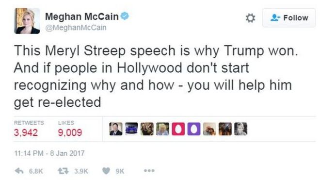 Меган Маккейн пишет в Твиттере: «Это выступление Мерил Стрип - вот почему Трамп победил. И если люди в Голливуде не начнут понимать, почему и как - вы поможете ему переизбраться. & Quot;