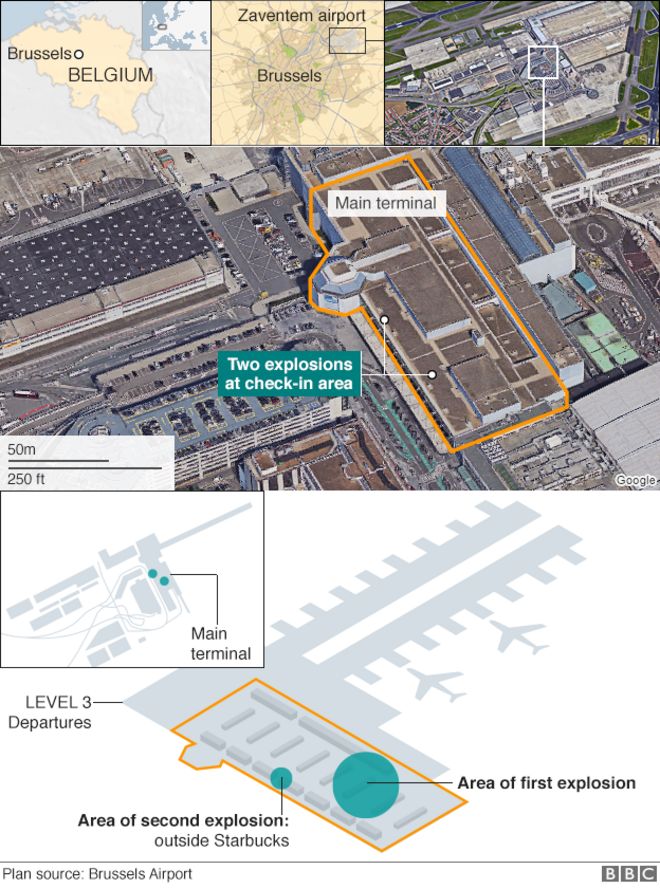 Карта с указанием расположения двух взрывов в аэропорту Завентем, Брюссель