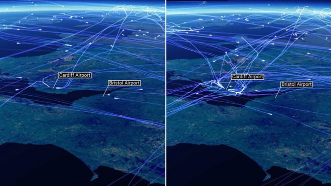Полеты в Кардифф в пятницу 26 мая (слева) по сравнению с пятницей 2 июня (справа) по данным NATS, управление воздушным движением