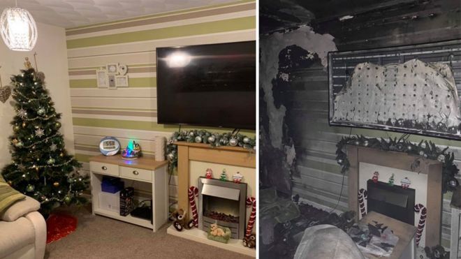 Гостиная до и после пожара с указанием последующих повреждений