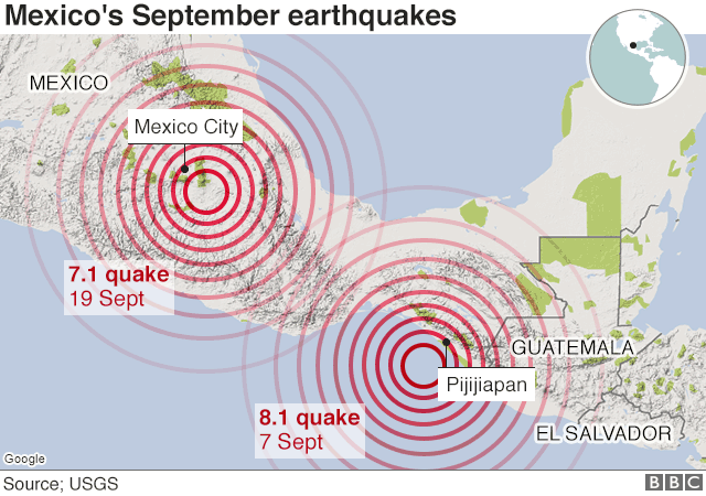карта Мексики с указанием местоположения двух землетрясений