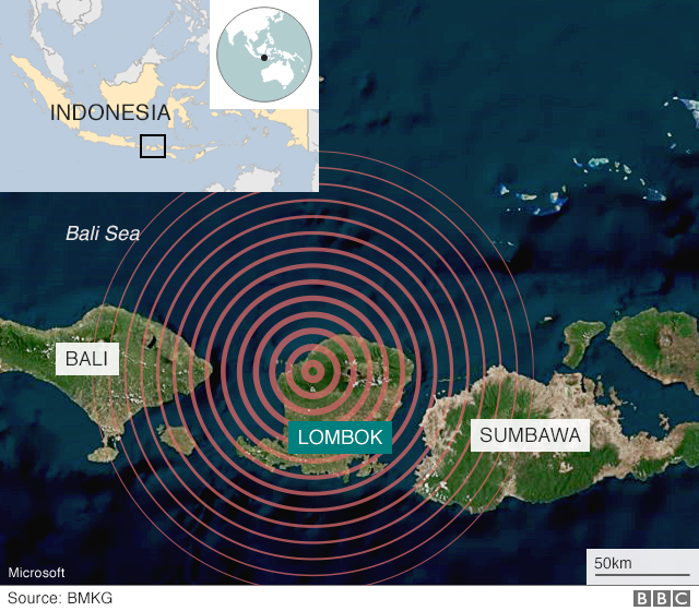 Карта с указанием местоположения последнего землетрясения на Ломбоке