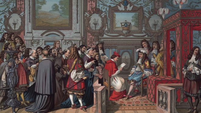 Una obra que muestra una audiencia en la corte del rey Luis XIV de Francia en el siglo XVI.