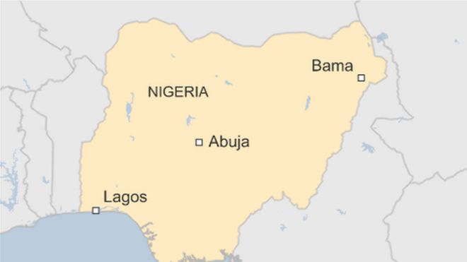 Карта Нигерии с изображением Бамы на северо-востоке относительно столицы Абуджи и большого города Лагос