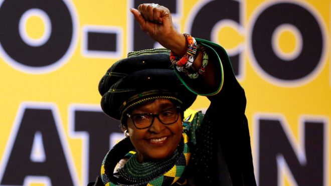 Winnie Madikizela Mandela gestures to supporters at the 54th National Conference of the ruling African National Congress (ANC) in Johannesburg, South Africa December 16, 2017.