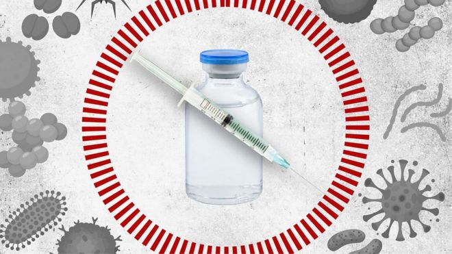 Illustration of a syringe and vaccine bottle against a backdrop of different viruses