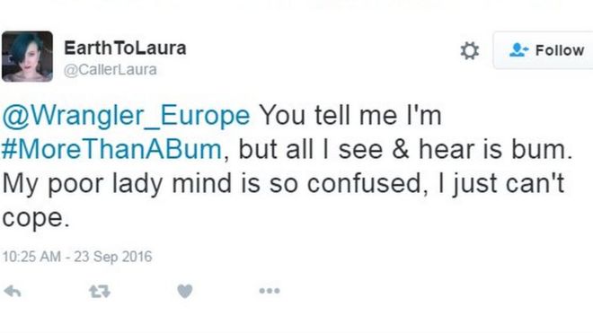 Earth To Laura написала в твиттере: «Вы говорите мне, что я больше, чем задница, но все, что я вижу и слышу, это задница».