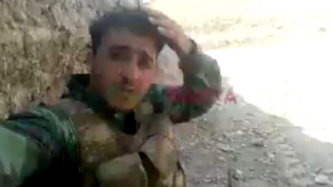 Still from video posted by Syrian fighter Mustafa Qanti during battle for Nagorno-Karabakh