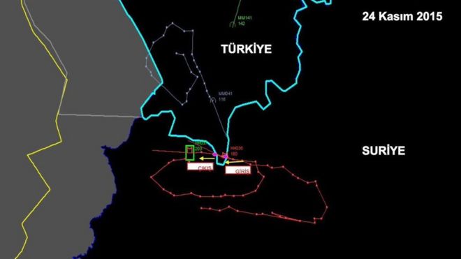 Радиолокационная карта, опубликованная турецкими вооруженными силами, якобы показывающая след российского Су-24, пересекавшего воздушное пространство Турции до того, как его сбили 24 ноября 2015 года