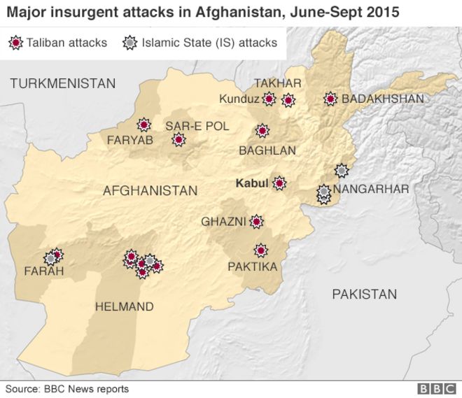 Карта основных нападений повстанцев в Афганистане июнь-сентябрь 2015 года