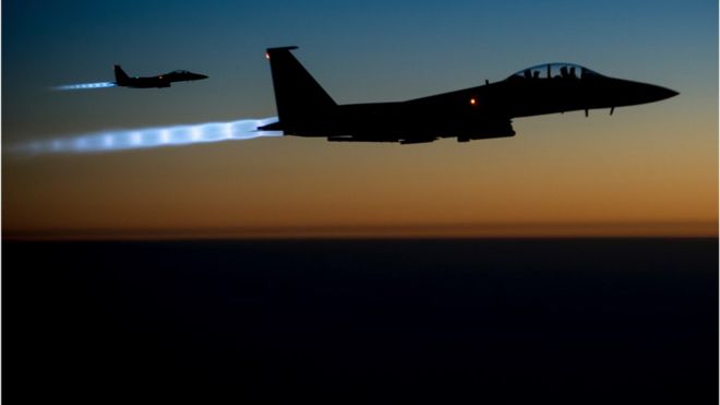 Two U.S. Air Force F-15E Strike Eagle aircraft fly over northern Iraq Sept. 23, 2014