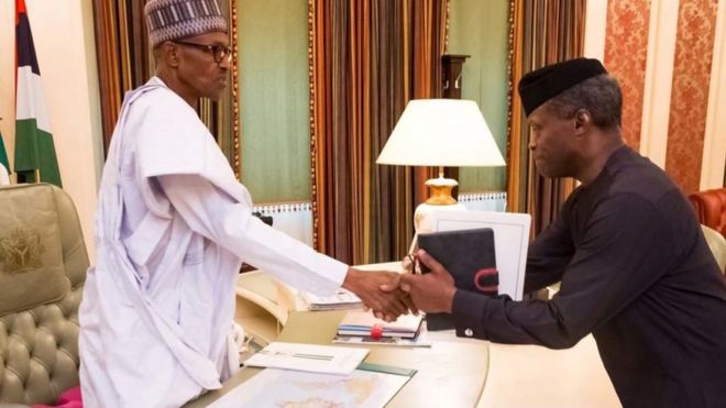 Muhammadu Buhari na makamu Rais Yemi Osinbajo Abuja Machi 13,2017