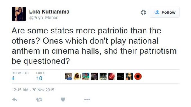 Прия Менон: Являются ли некоторые государства более патриотичными, чем другие? Те, кто не исполняет государственный гимн в кинотеатрах, не подвергают сомнению их патриотизм?