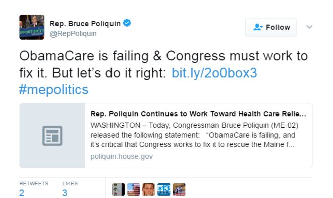 Брюс Поликвин твиты: ObamaCare терпит неудачу & Конгресс должен работать, чтобы это исправить. Но давайте сделаем это правильно
