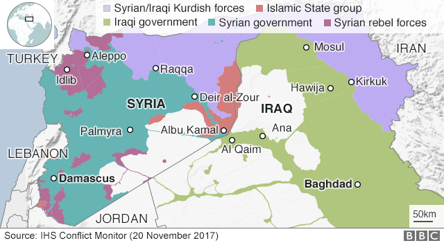 Карта, показывающая контроль над Сирией и Ираком (20 ноября 2017 года)