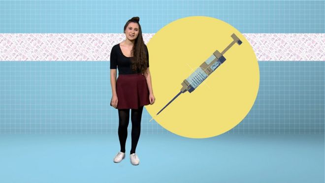 Woman standing next to image of a big syringe