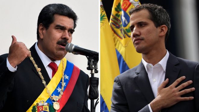 Коллаж с фотографией президента Мадуро и Хуана Гуайдо