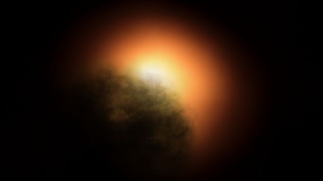 Ilustración artística que muestra una gran nube de polvo que cubre parte de Betelgeuse