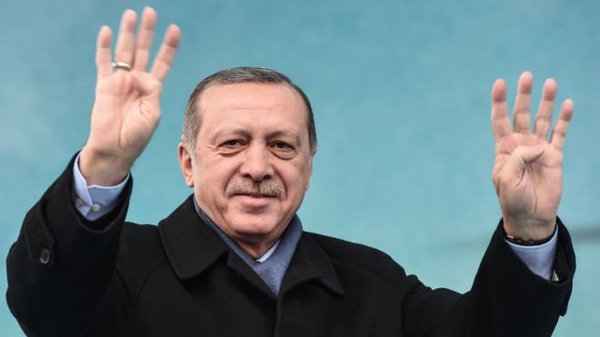 President Erdogan giving four-finger salute, 11 Mar 17