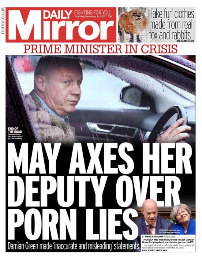 Daily Mirror front page 21/12/2017