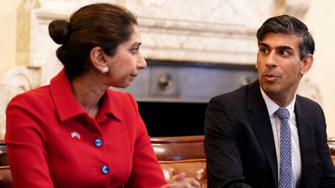 Home Secretary Suella Braverman with Prime Minister Rishi Sunak as he hosts a policing roundtable at 10 Downing Street, London, Britain, on 12 October 2023