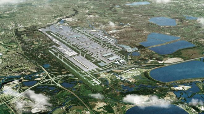 Изображение файла раздаточного материала, выпущенного аэропортом Хитроу, с впечатлением художника, показывающим, как аэропорт может выглядеть с третьей взлетно-посадочной полосой