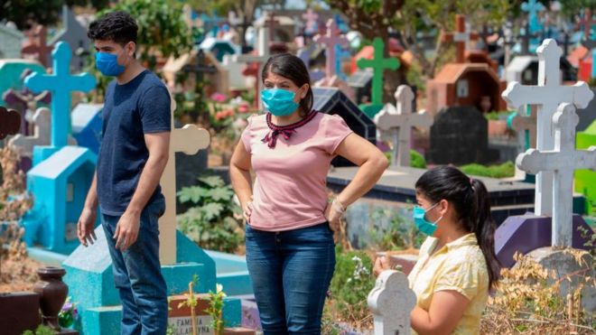 Deudos con mascarillas en un cementerio de Nicaragua