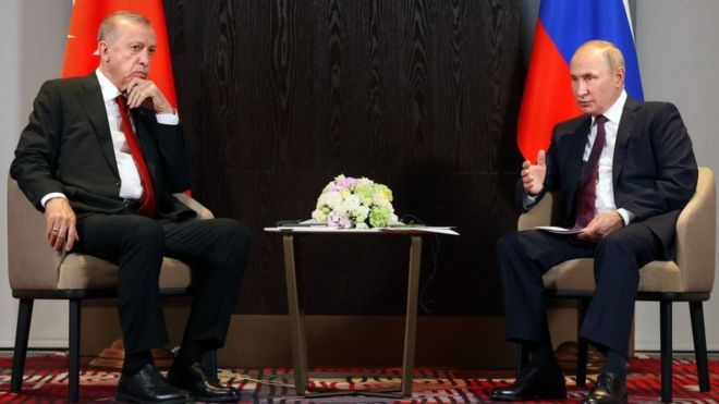 Russian President Vladimir Putin meets with Turkish President Recep Tayyip Erdogan on the sidelines of the Shanghai Cooperation Organisation (SCO) leaders' summit in Samarkand on September 16, 2022.