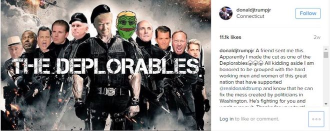 Дональд Трамп-младший поделился измененной версией постера фильма «Неудержимые», на котором изображена лягушка Пепе с волосами отца