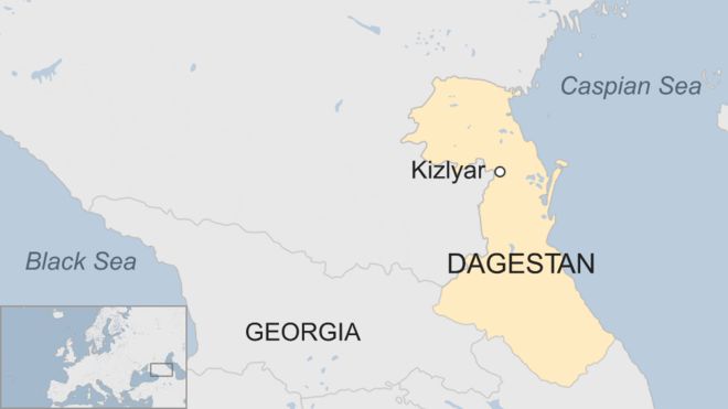 A map showing Kizlyar in Dagestan, Russia