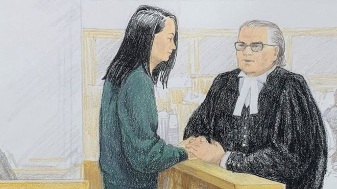 2018年12月10日保释聆讯法庭画像，孟晚舟与律师交谈