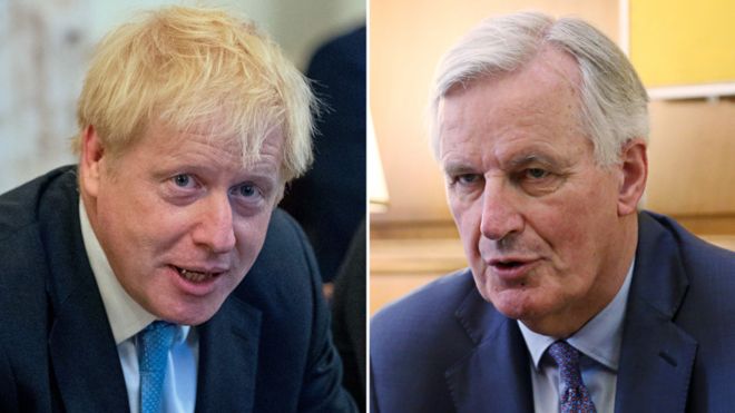 Boris Johnson, left, and Michel Barnier, right, are shown in this composite image