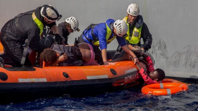 Migrants are rescued by members of German charity Sea-Watch in the Mediterranean Sea on November 6, 2017
