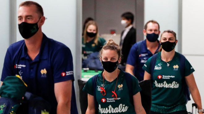 Australia's softball team arriving at the airport in Tokyo