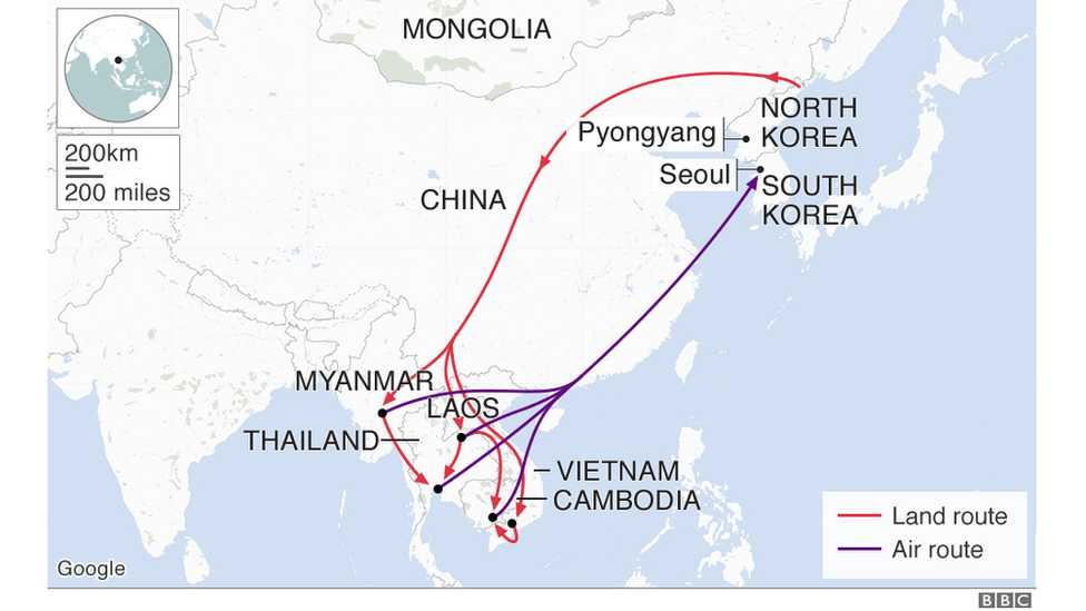 Основные маршруты перебежчиков, желающих сбежать из Северной Кореи и искать убежища в Южной Корее