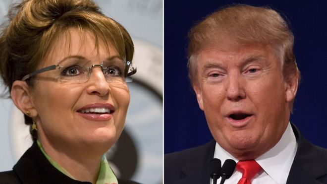 A composite image showing former US Vice-Presidential candidate Sarah Palin and businessman Donald Trump
