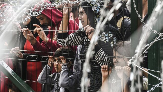 Беженцы стоят за забором на границе Венгрии с Сербией около города Хоргос 16 сентября 2015 года.