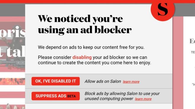 Salon prompts readers to make a choice between viewing ads or mining cryptocurrency