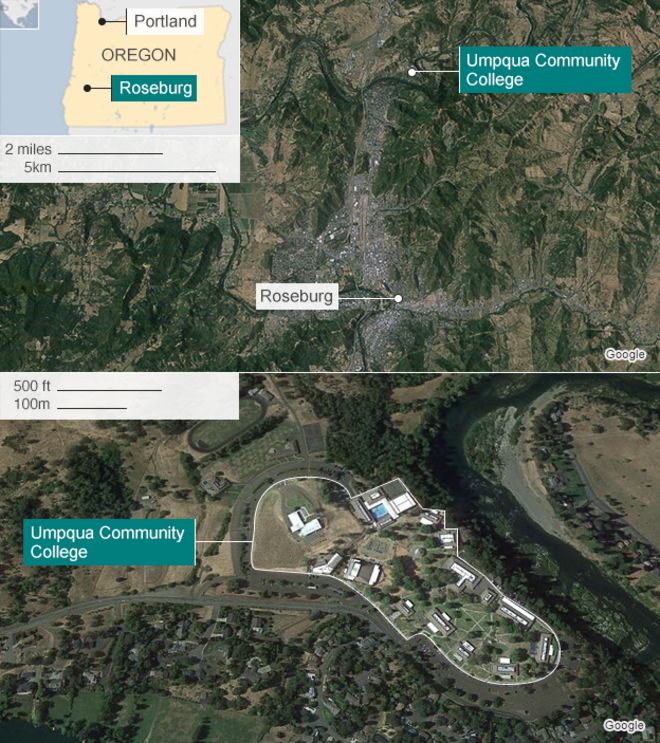 Карта, показывающая место стрельбы в Орегоне