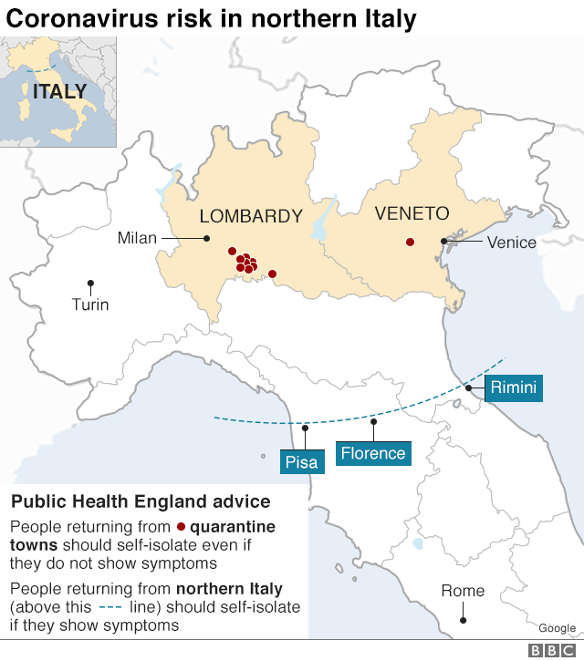 Map showing the areas of northern Italy under quarantine